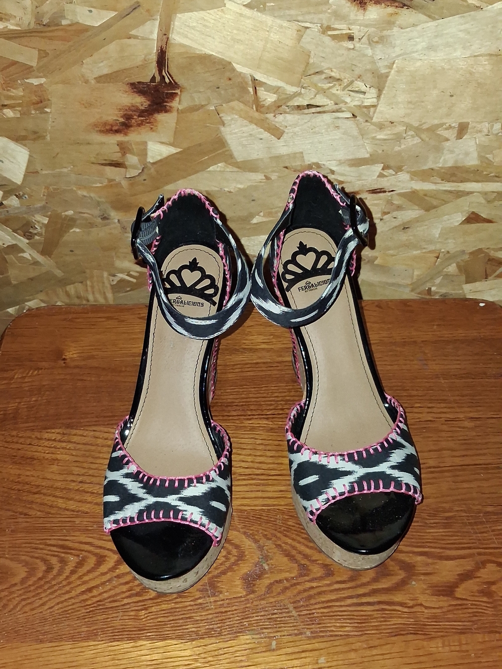 Fergalicious Women’s Pink-Trim Black & White Patterned Wedge Sandals